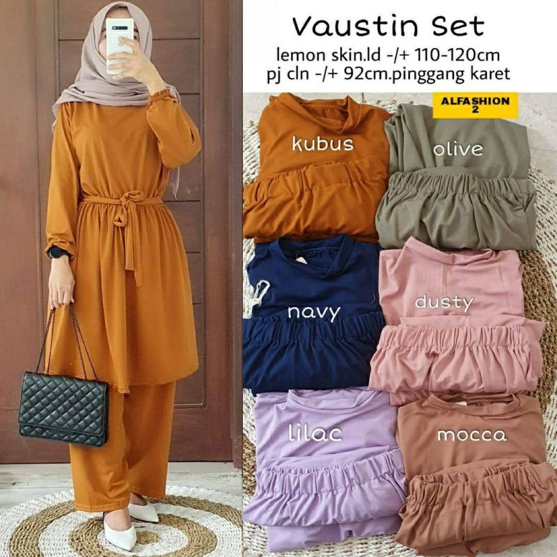 Vaustin Set, SETELAN WANITA MUSLIM POLOS CANTIK JUMBO BAHAN LEMON SKIN PREMIUM LD 110-120 TERMURAH