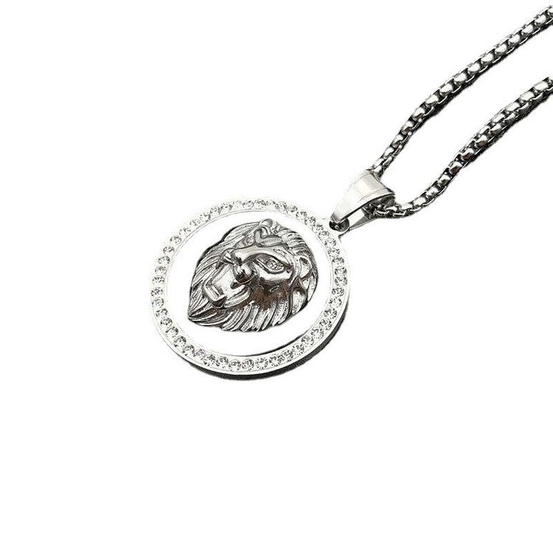 Kalung Liontin Kepala Singa Bahan Stainless Steel Lapis Emas Aksen Berlian Gaya Hip Hop Untuk Pria