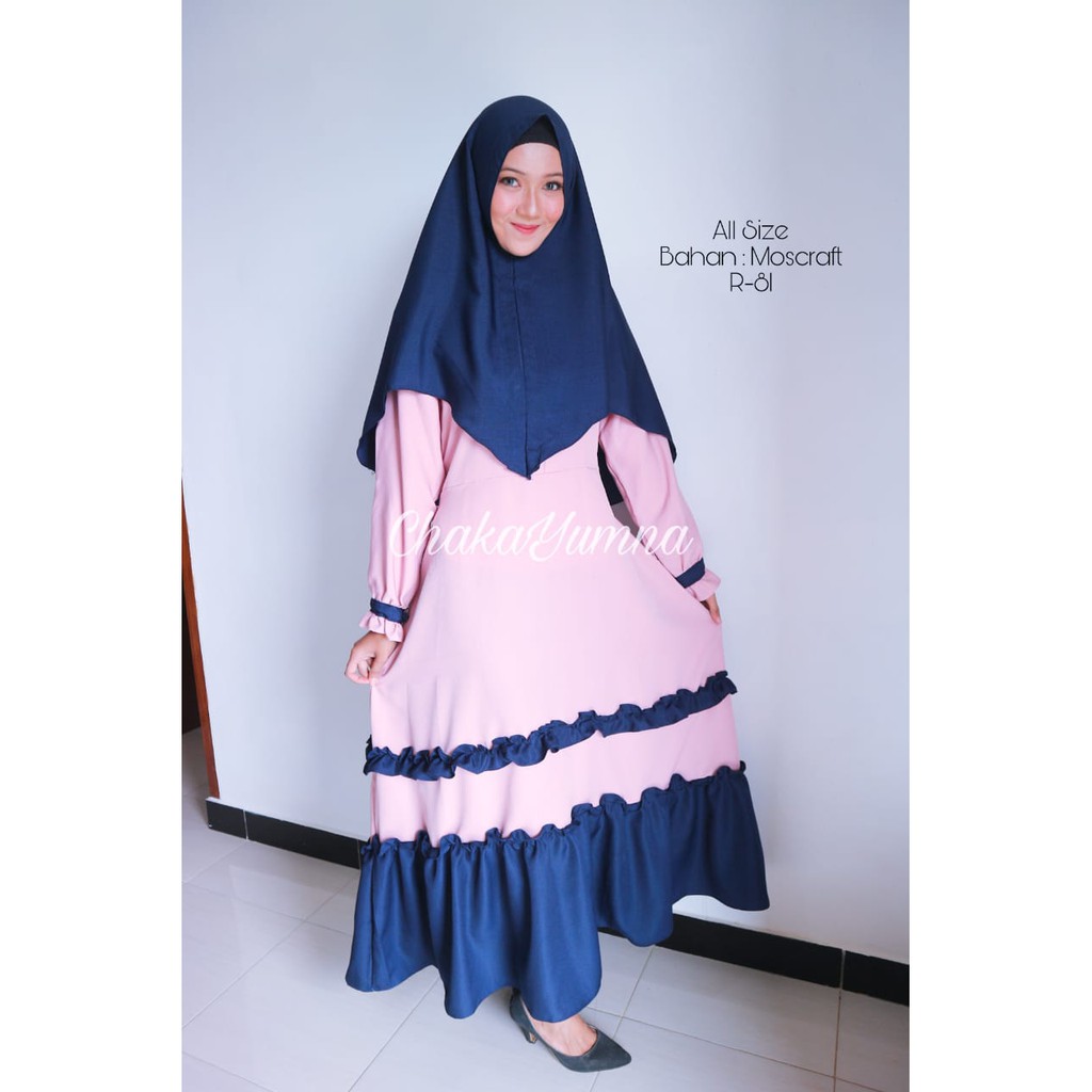 Gamis Syar'i Wanita Muslim Bahan Moscrepe Merah Muda (Pink) Biru Dongker