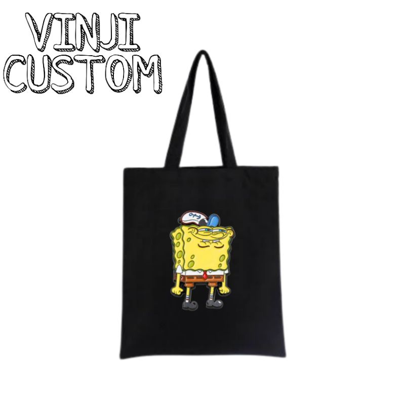 Tote bag SPONGEBOB / tote bag resleting KARTUN / totebag hitam / totebag wanita / tote bag pria / ta