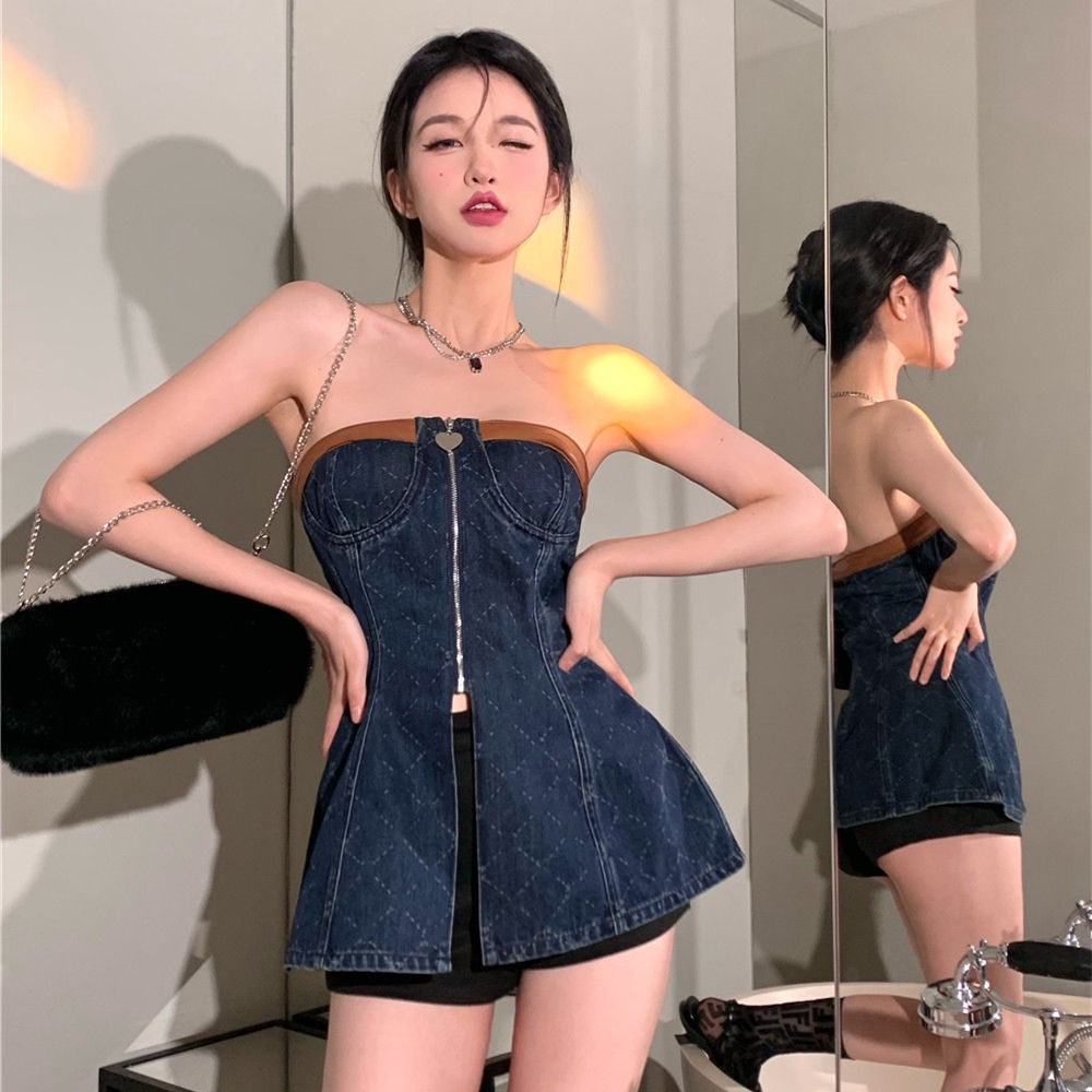 Red Hot girl denim tube top dress wanita musim panas split jahitan seksi tanpa lengan a-line pinggang rok tipis