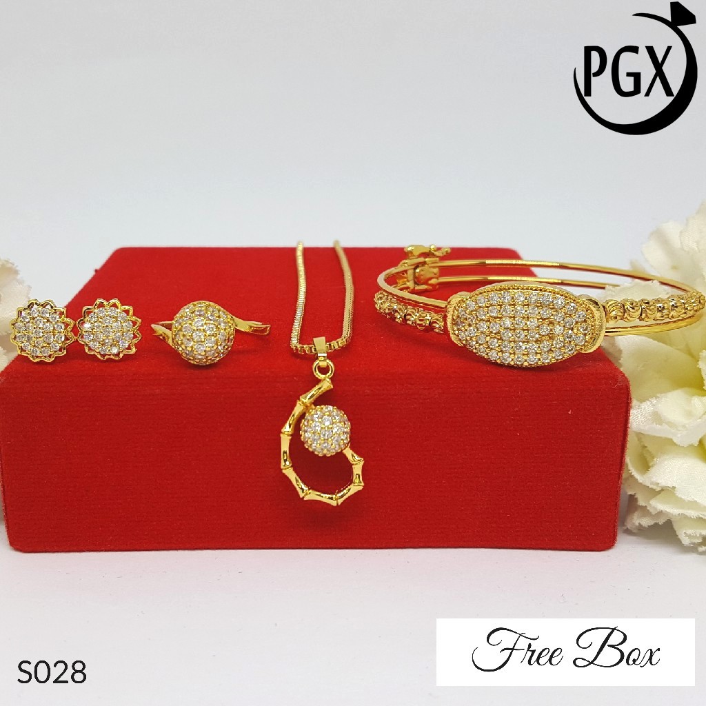 PGX Set Perhiasan Xuping Cincin Gelang Kalung Anting Lapis Emas - S028