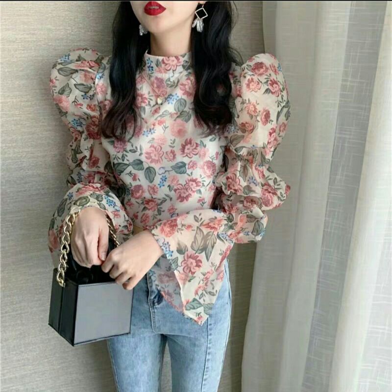 5896 MARIE Baju atasan blouse tops puff lengan balon motif bunga Korean style wanita premium /  baju