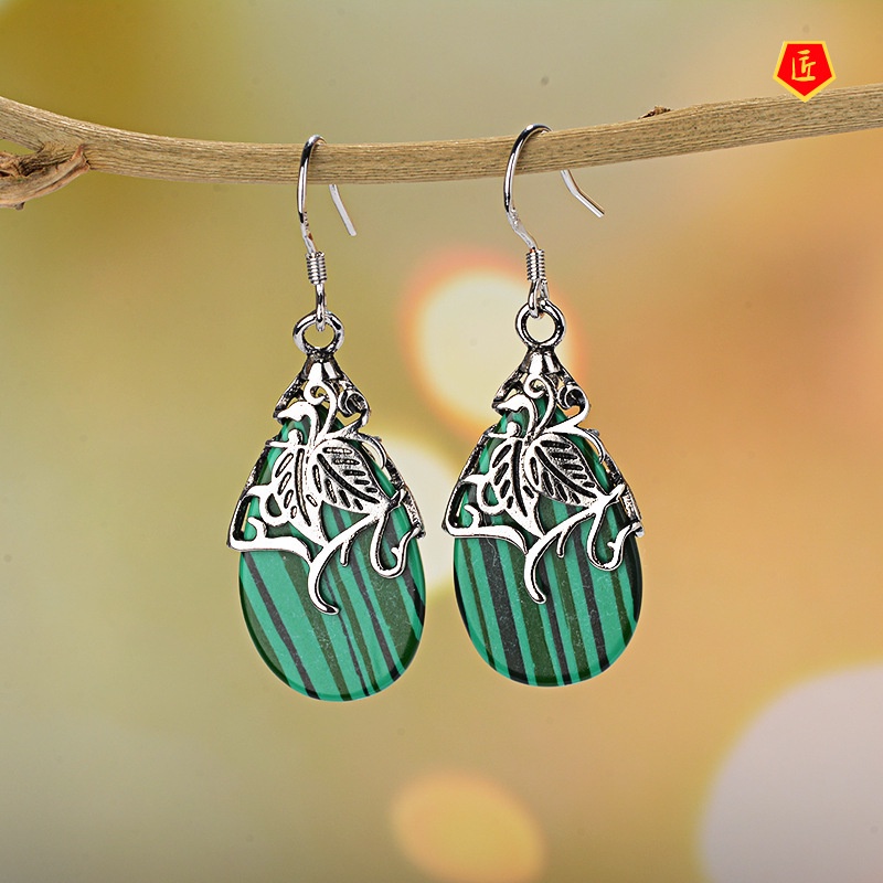 [Ready Stock]Creative Green Striped Shell Earrings Vintage Silver