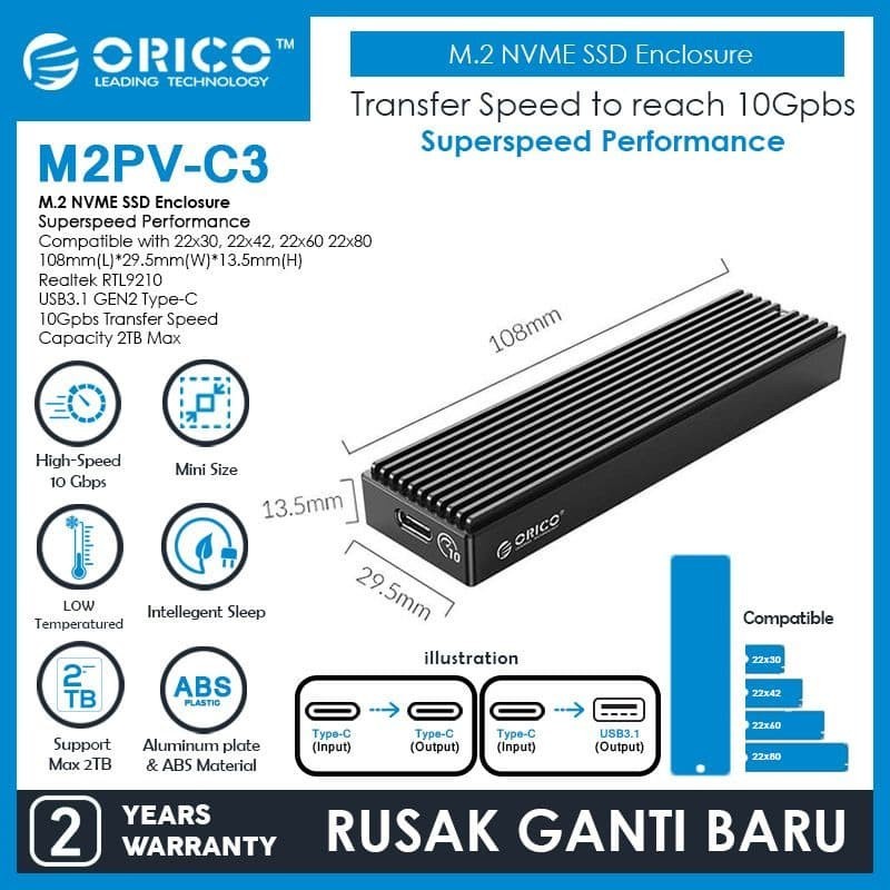 ORICO M.2 NVMe SSD Enclosure - M2PV-C3 ORIGINAL ORICO