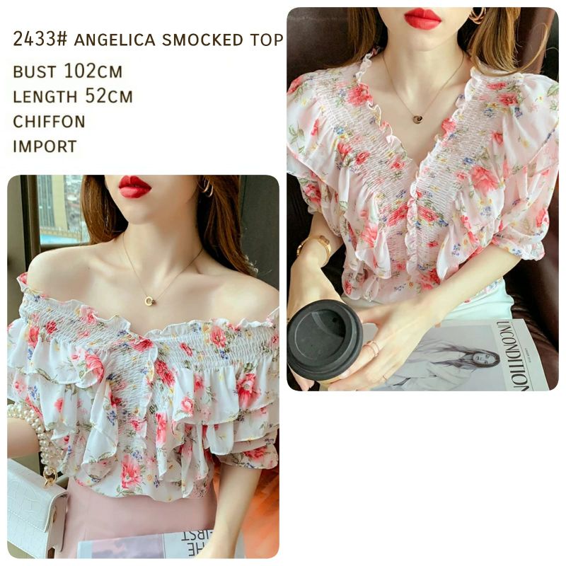MDLV ~ 2433 Angelica Smocked Top Atasan Sabrina Flower Import Korea Look Fashion import