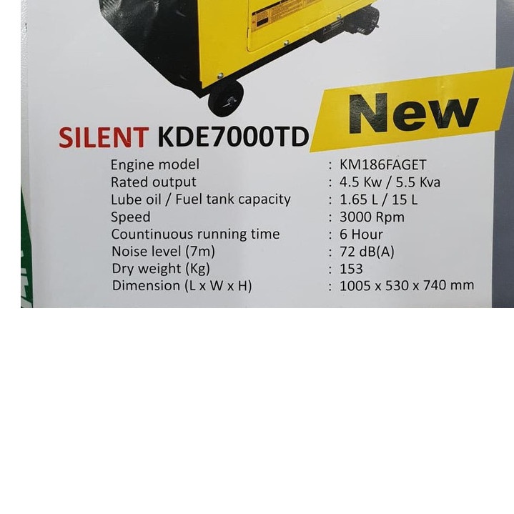 Genset Silent Kipor 5.5 KVA. 4500 watt.KDE7000TD. Dieseil Solar