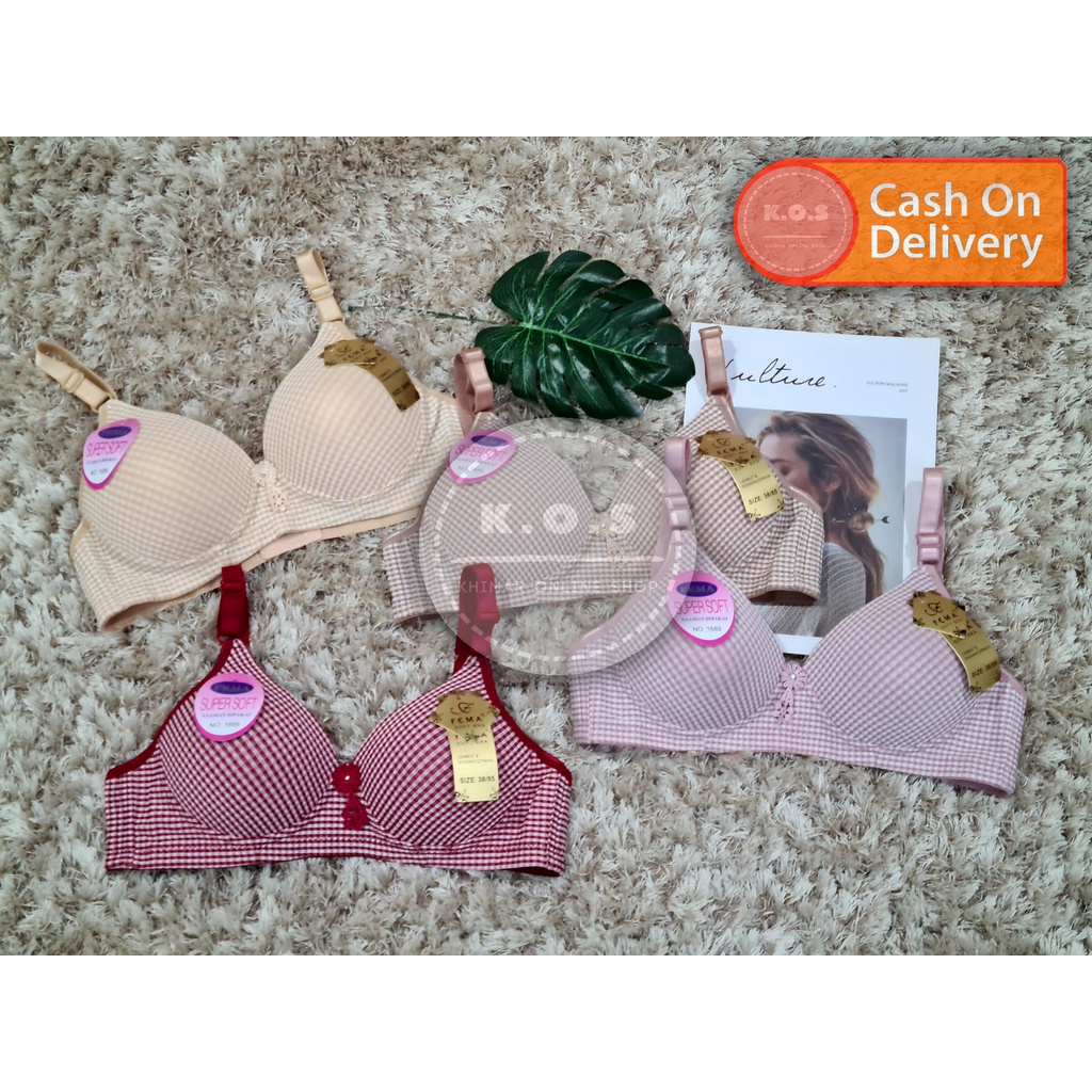 Bra bh Busa Tipis Motif Kotak-Kotak Size 36-42 Kait 3 Tanpa Kawat