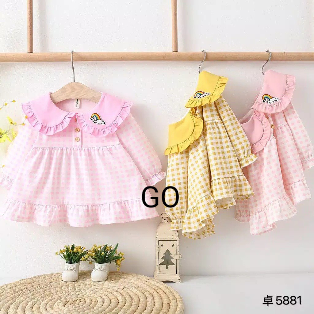 gos DRESS CLOUD KOTAK RAINBOW 5881 EBV Baju Dress Anak Perempuan Import