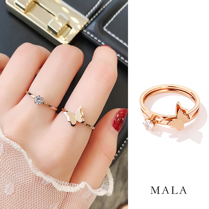 Cincin Bahan Titanium Steel Warna Rose Gold Desain Kupu-Kupu Ganda Gaya Korea