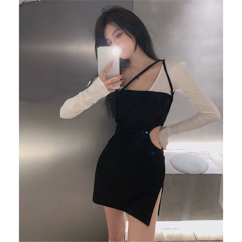 Suhao Sling Dress Wanita Hitam Seksi Berongga Rok Celah Ketat Paket Rok Pinggul Bawah