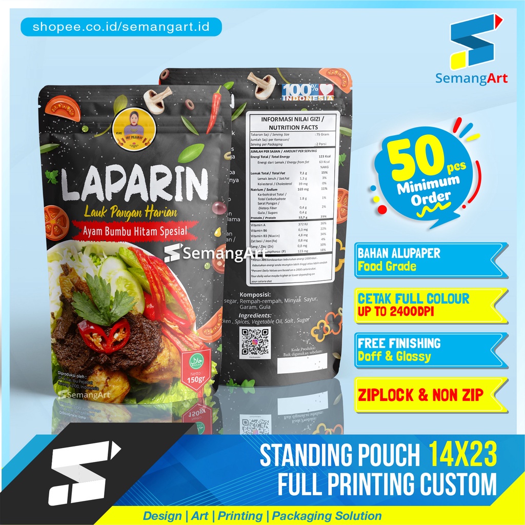 Kemasan standing pouch Ziplock full printing 14x23 custom