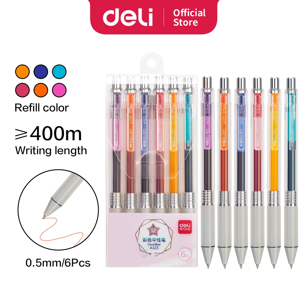 

Deli Gel Pen Warna Netral, Ujung Bundar 6 Pcs Box, Tinta Lancar A123