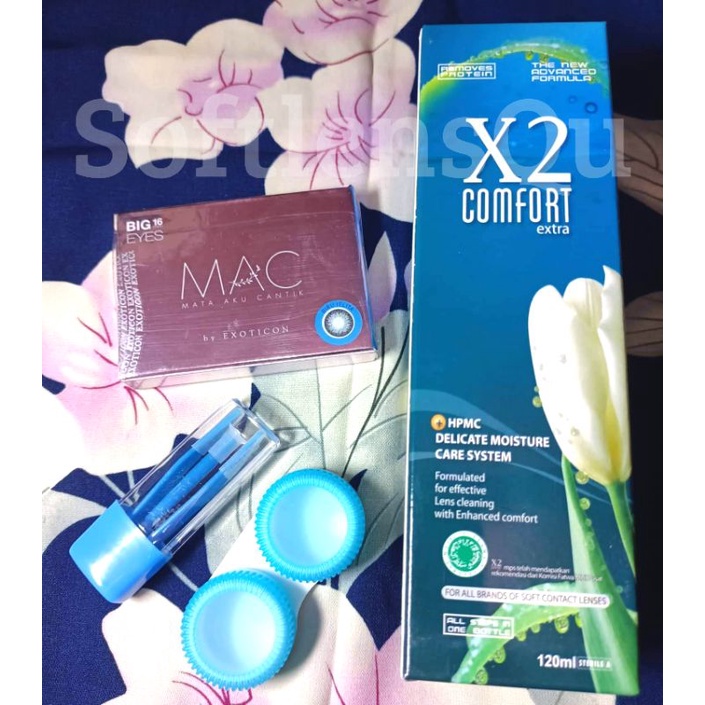 COD Paket Softlens X2 MAC Normal Big Eyes Dia 16mm + Air Softlens X2 120ml + Lenscase + Pinset