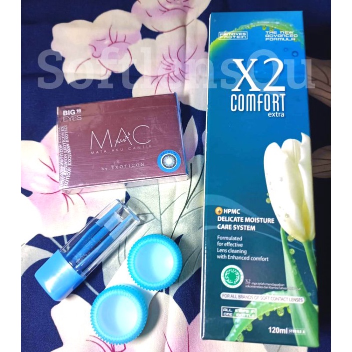 COD Paket Softlens X2 MAC Normal Big Eyes Dia 16mm + Air Softlens X2 120ml + Lenscase + Pinset