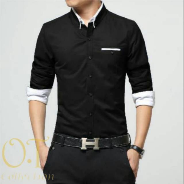 Pakaian Kemeja Pria slim fit warna - Hitam
