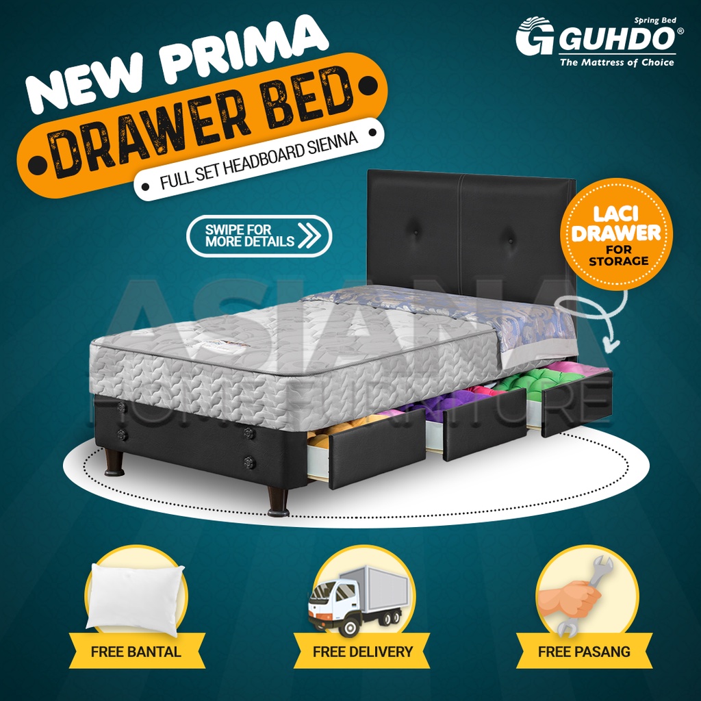 Guhdo Spring Bed 3 Laci New Prima Drawer Bed FULL SET Sandaran Sienna 90x200 / 100x200 / 120x200 / 1