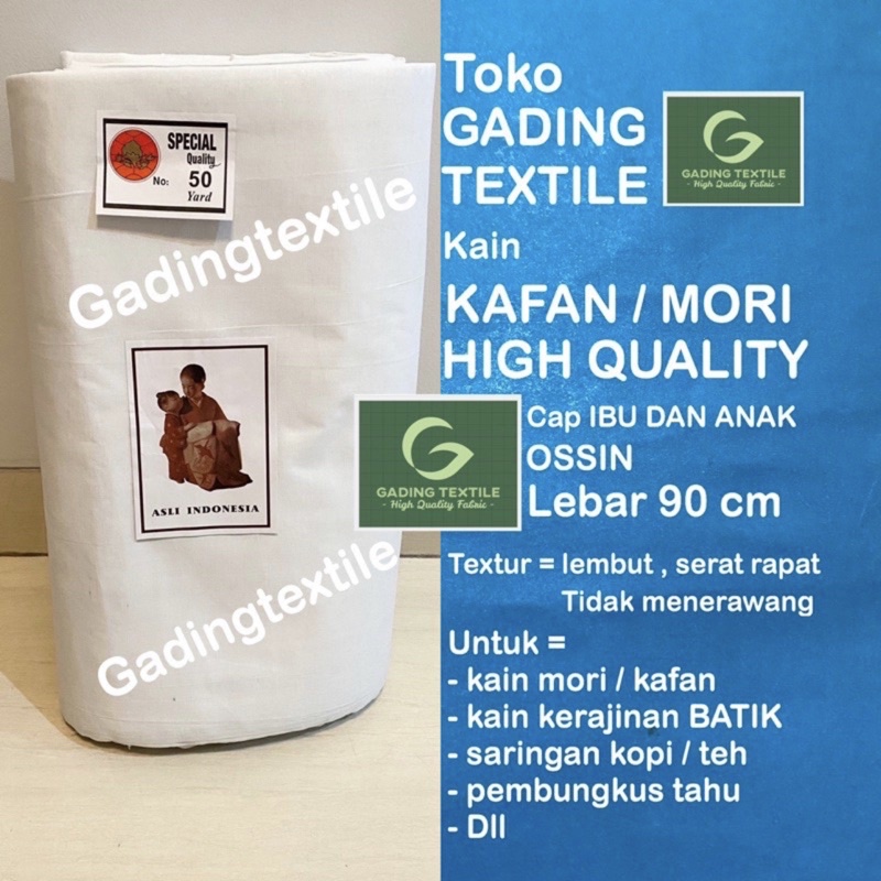 ( per roll ) kain kafan mori katun putih jenasah jenazah high quality CAP IBU DAN ANAK ossin rollan lebar 90 cm isi 45 meter bahan craft kerajinan jumputan batik membatik tulis ecoprint saringan kopi teh pembungkus tahu cheese cloth keju hampers hamper