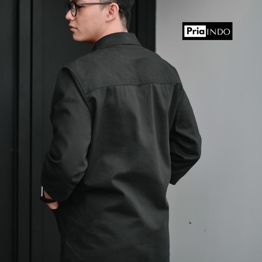 ❋  Outer Pria Kimono Kanvas Casual Lengan Panjang 3/4 Black ❆