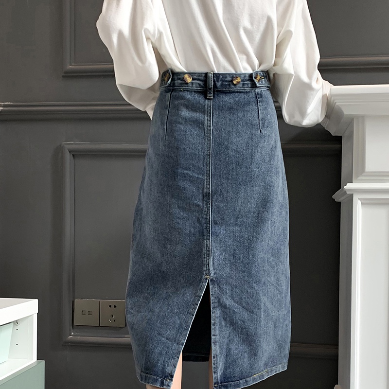 Rok Jeans Midi Wanita Highwaist Rok A-Line Kasual Import