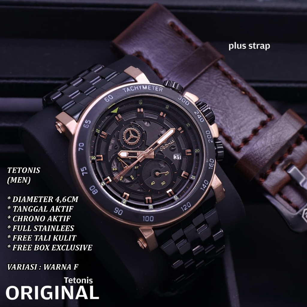 (FREE BOX) JAM TANGAN PRIA TETONIS RANTAI BODY BULAT TANGGAL &amp; CHRONO AKTIF FREE TALI KULIT