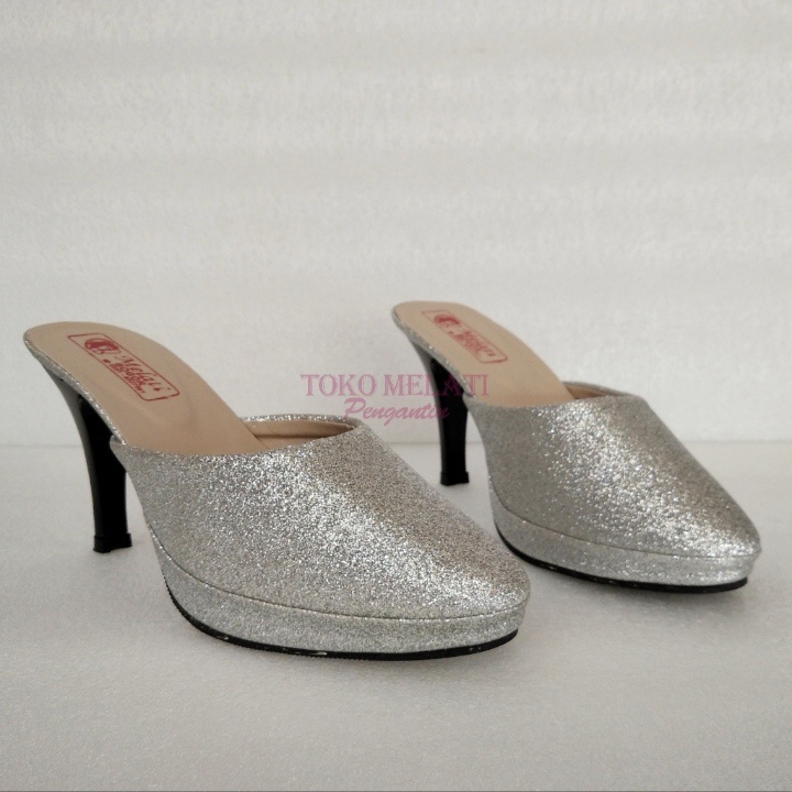 Selop Pengantin Wanita Emas Silver Hak Heels 9 cm