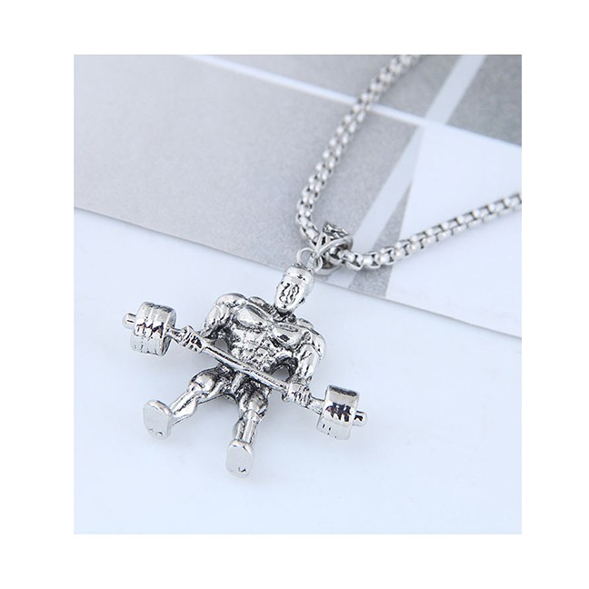 LRC Kalung Fashion Silver Metal Weightlifter Long Necklace A57450