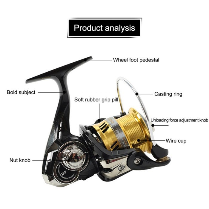 Reel Pancing Fishing Reel Kumparan 5+1 Ball Bearing 5.2:1 - DW5000 - Black/Gold