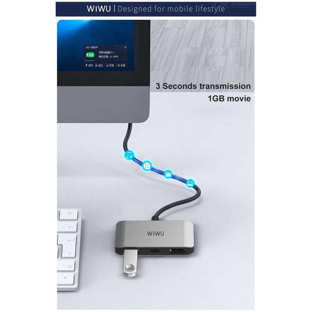 AKN88 - WIWU ALPHA C2H - 3 in 1 Hub USB-C to HDMI-USB3.0-USB-C Connector Cable