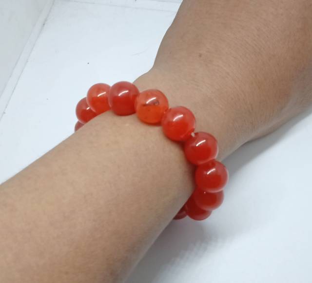 Gelang batu giok merah orange + kotak  12 mm