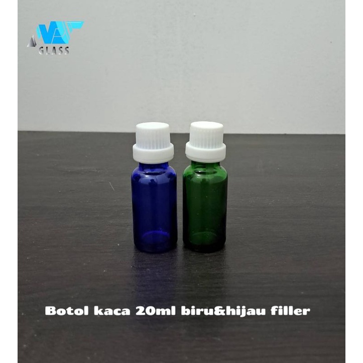 botol kaca 20ml hijau biru tutup filler putih / botol essential oil 20ml