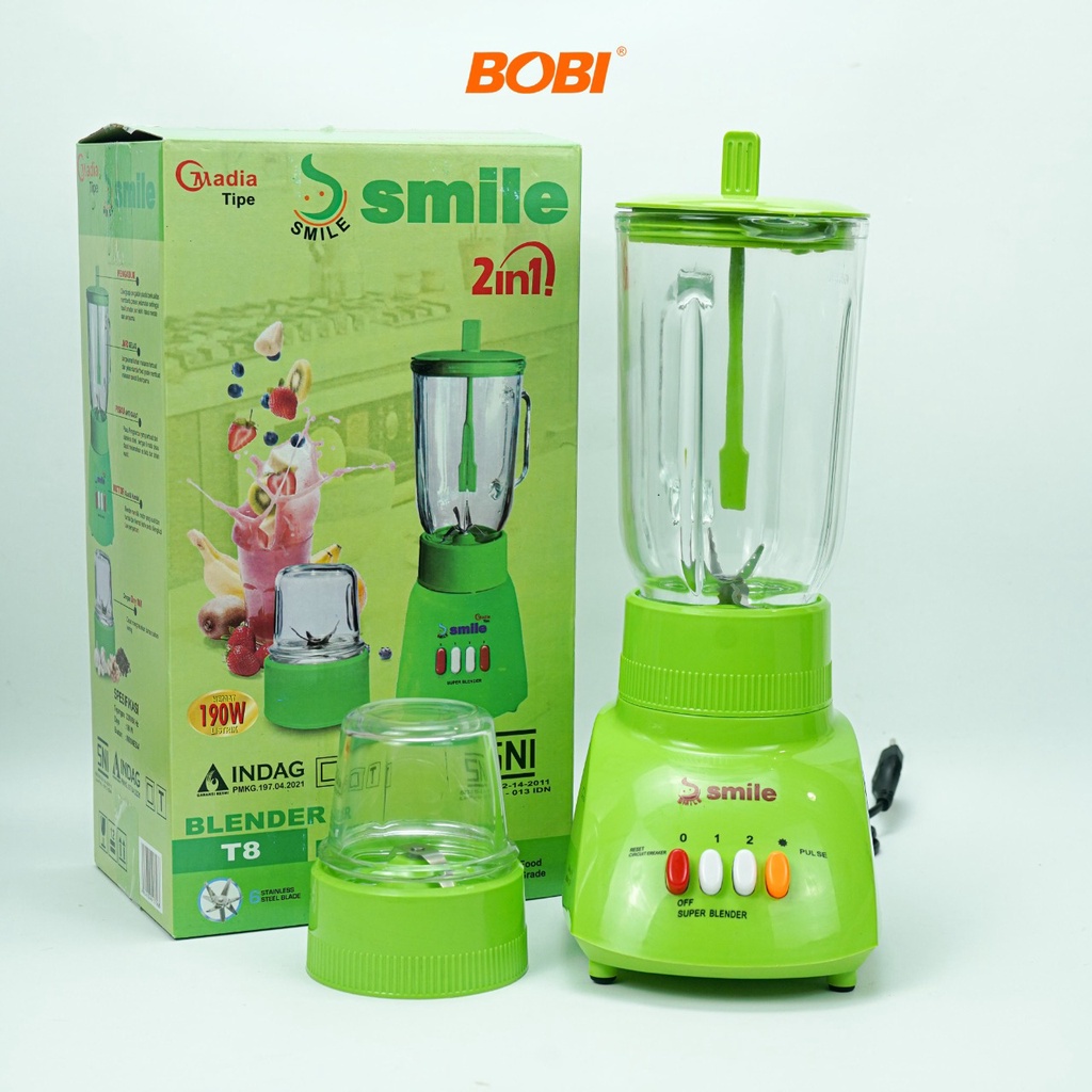 Blender National Smile 2in1 Hijau ///  Blender Set bisa untuk Bumbu, Daging, Jus, Es /// Blender Berbahan Kaca - WARNA RANDOM