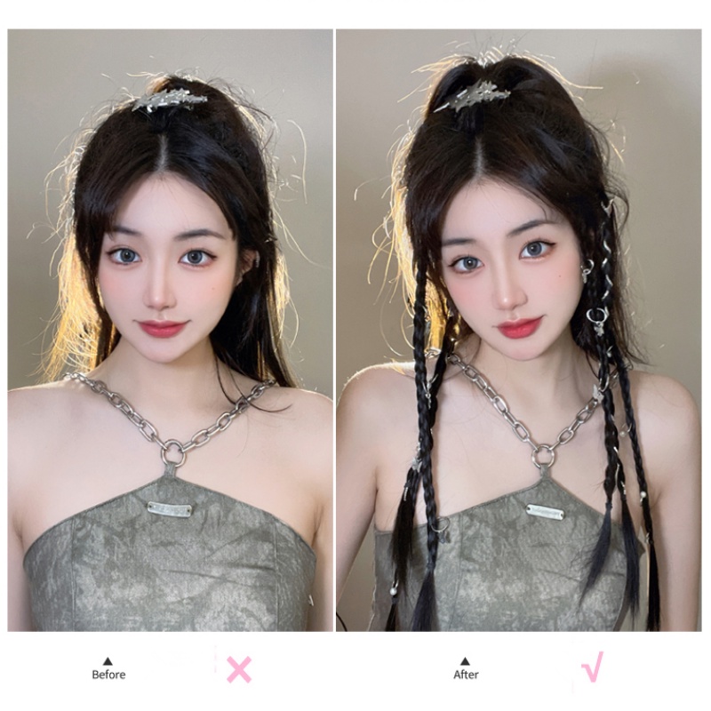 Papaozhu 2PCs Trendy Perak Bintang Hati Kupu-Kupu Pesona Rumbai Rantai Mengepang Rambut Ekstensi Potongan Y2K Gaya Warna-Warni Rambut Gimbal Wig Kepang Untuk Wanita Perempuan