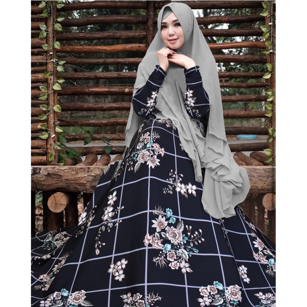 gamis set khimar.kotak bunga mocca