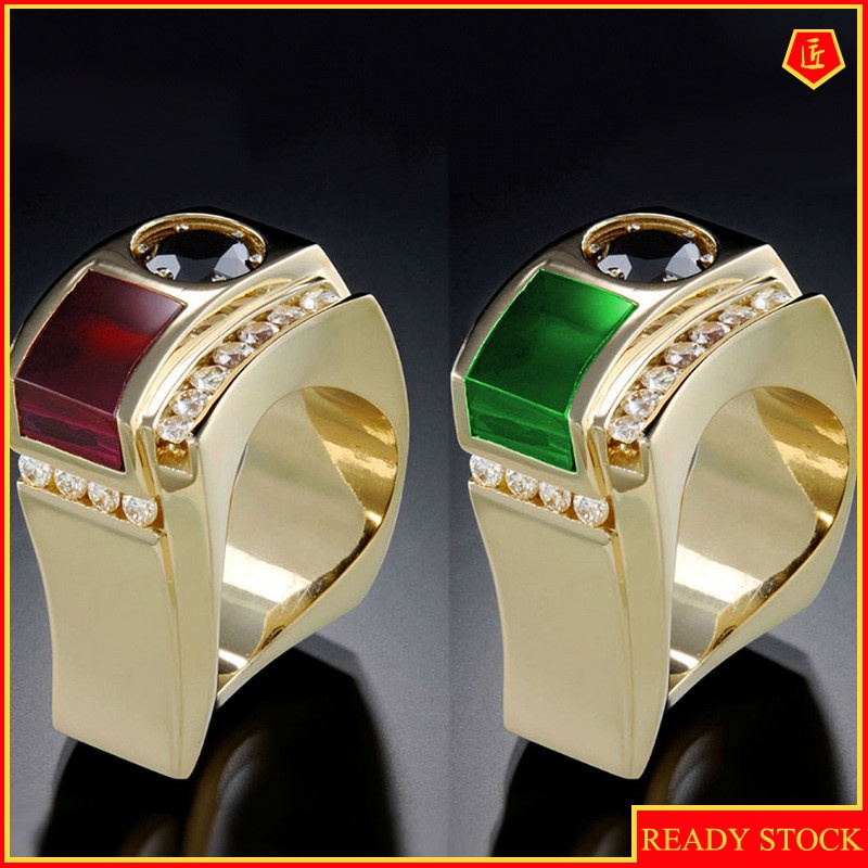 [Ready Stock]Fashion Colorful Gemstone 14K Gold Geometric Ring