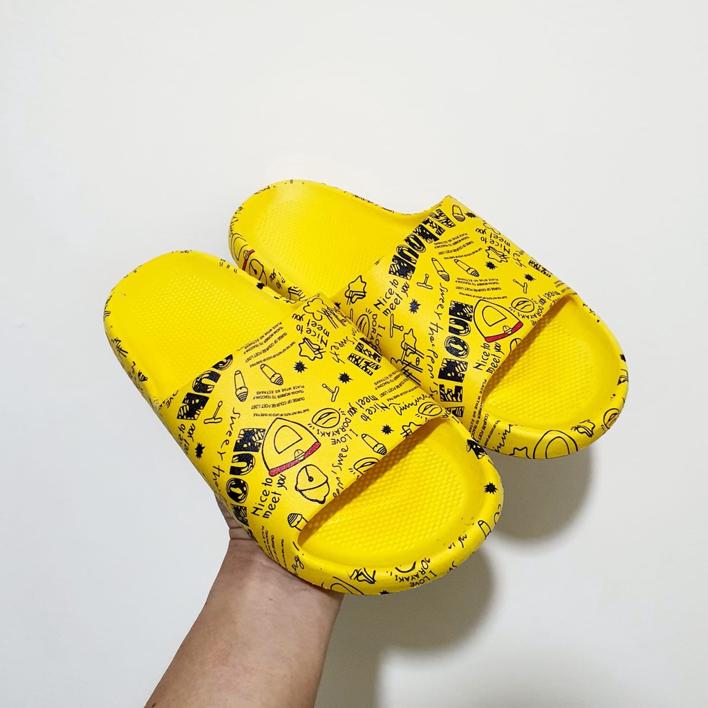 ☀ACCBAYI☀ SF02 Sandal Slop Motif Panda / Sandal Slop Motif lOVE /  Sandal Fashion Wanita / Sandal Lucu & Imut / Slip Sandal Cewek Sandal Import-SNOW KUNING