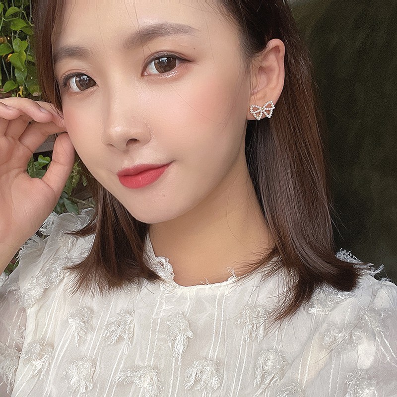 Anting S925 Silver Bentuk Pita Aksen Mutiara Gaya Korea