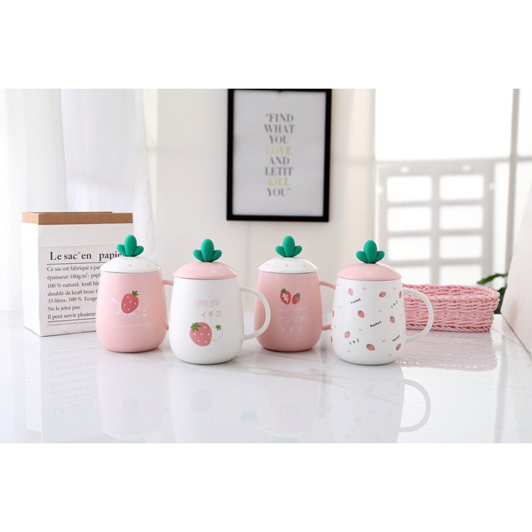 Gelas Keramik Mug Set Tutup Lucu Murah Strawberry Pink