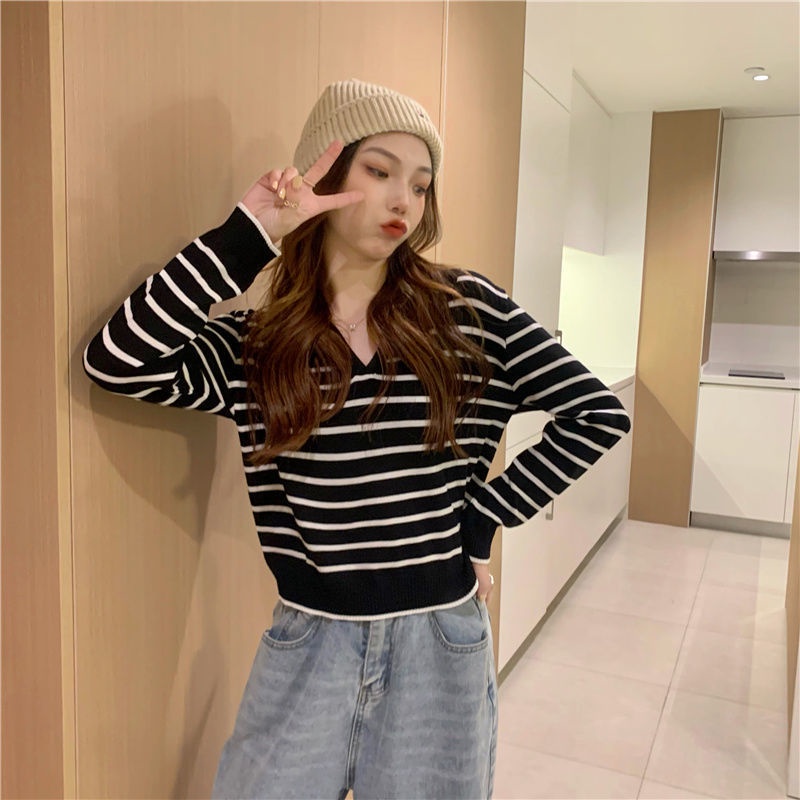 KNIT STRIPE WANITA V LENGAN PANJANG PREMIUM SWEATER KOREA