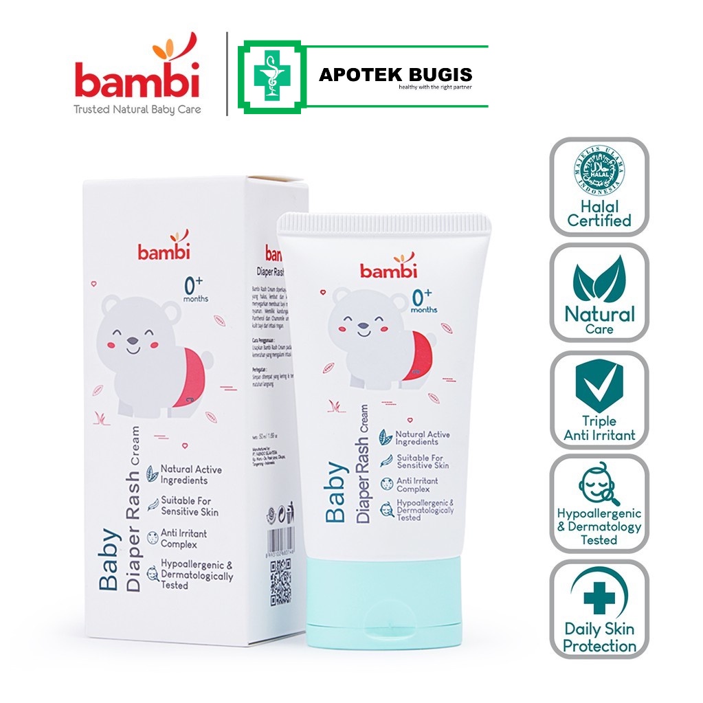 Bambi Baby Diaper Rash Cream 50ml | Krim Ruam Popok Pada Bayi Kulit Normal - Sensitif | Krim Area Lipatan | Mencegah Iritasi Ringan