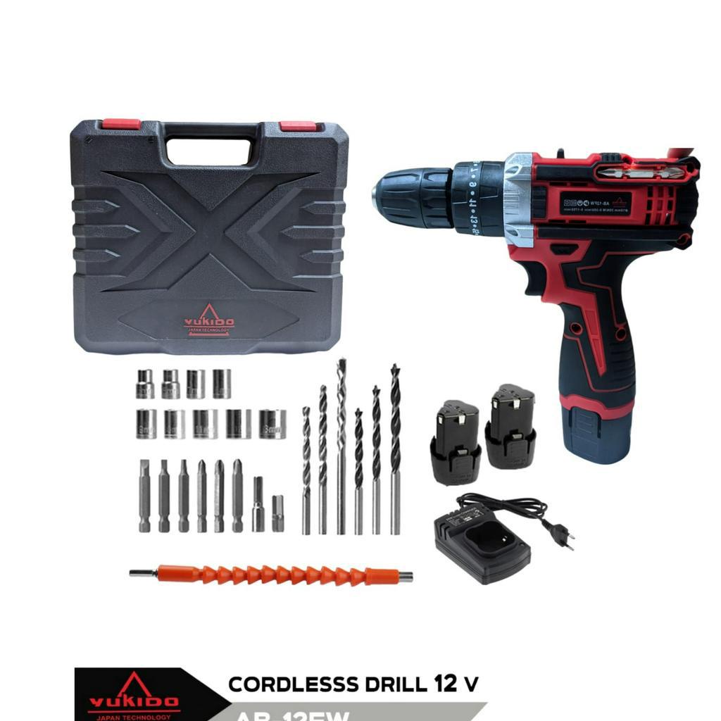 Bor Baterai  Charger Japan Technology Mesin Bor Cordless 12V Tanpa Kabel Set 2 Baterai Full Acc