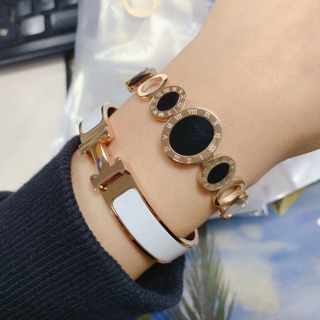 Gaya Eropa Amerika Unik Berlebihan Mode Angka Romawi Hitam Onyx Gelang Temperamen Waktu Retro Gelang Bulat