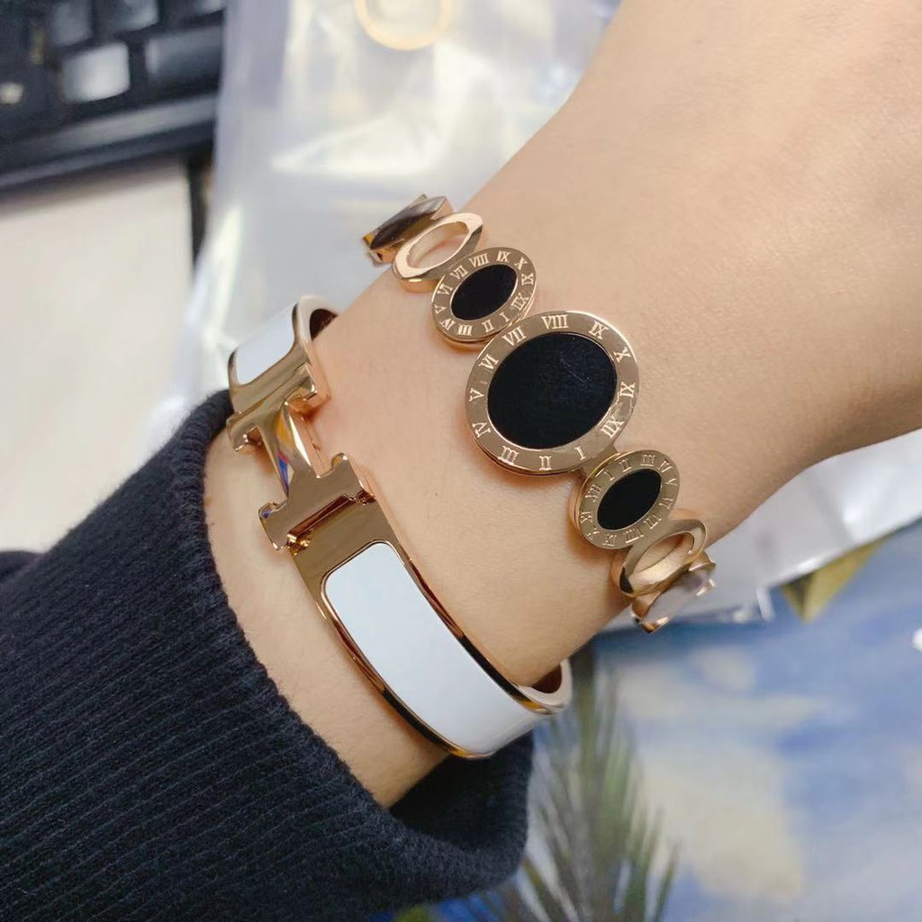 Gaya Eropa Amerika Unik Berlebihan Mode Angka Romawi Hitam Onyx Gelang Temperamen Waktu Retro Gelang Bulat