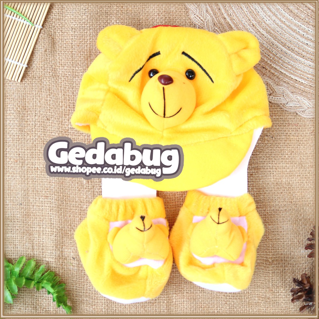 Topi Set Bulu Charakter OKIYO / Topi Bayi Newborn + Kaos Kaki Bulu - gedabug