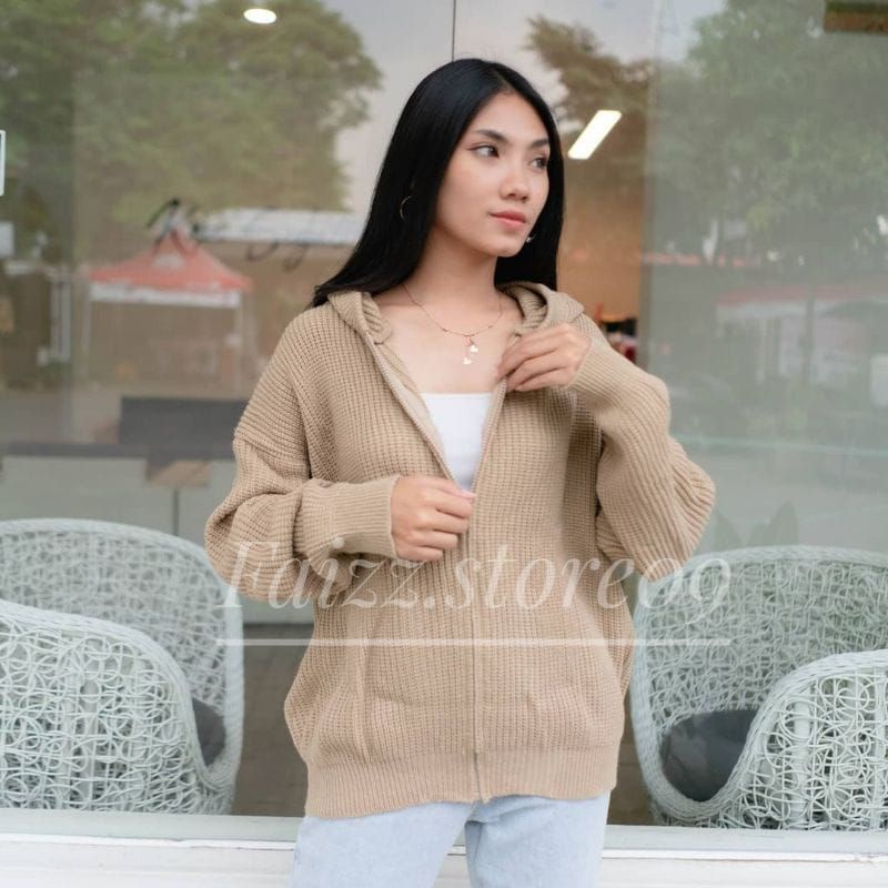 Hoodie Jeket Rajut OVERSIZE Zipper/ Sweater Rajut Wanita Hoodie