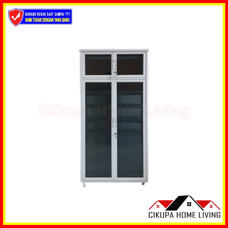 Lemari Rak Helm dan Sepatu 80 cm Tiang Alumunium Kaca Riben