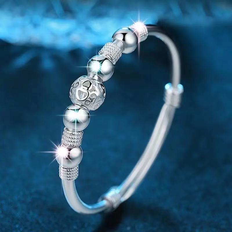 Gelang Manik-Manik Keberuntungan Adjustable Warna Silver Untuk Wanita