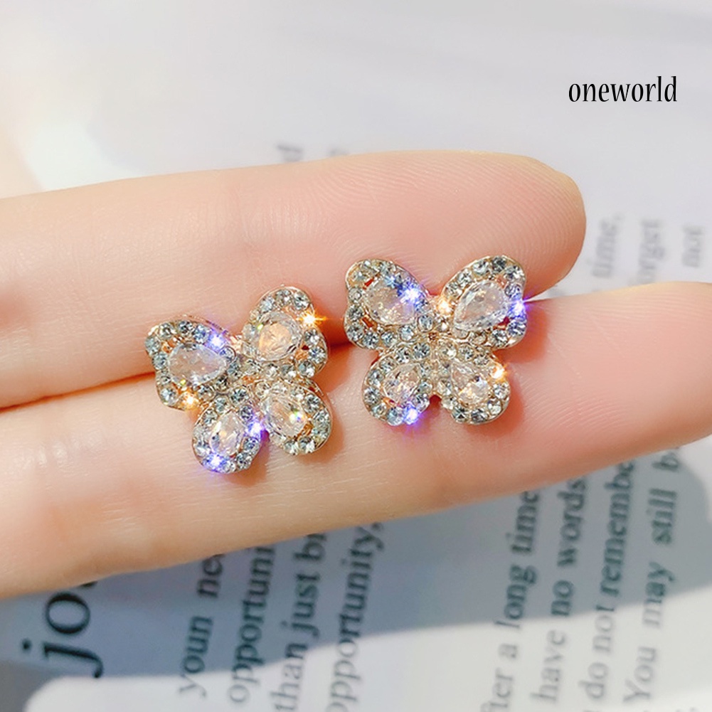 OW@ Elegant Women Full Rhinestone Inlaid Butterfly Shape Stud Earrings Jewelry Gift