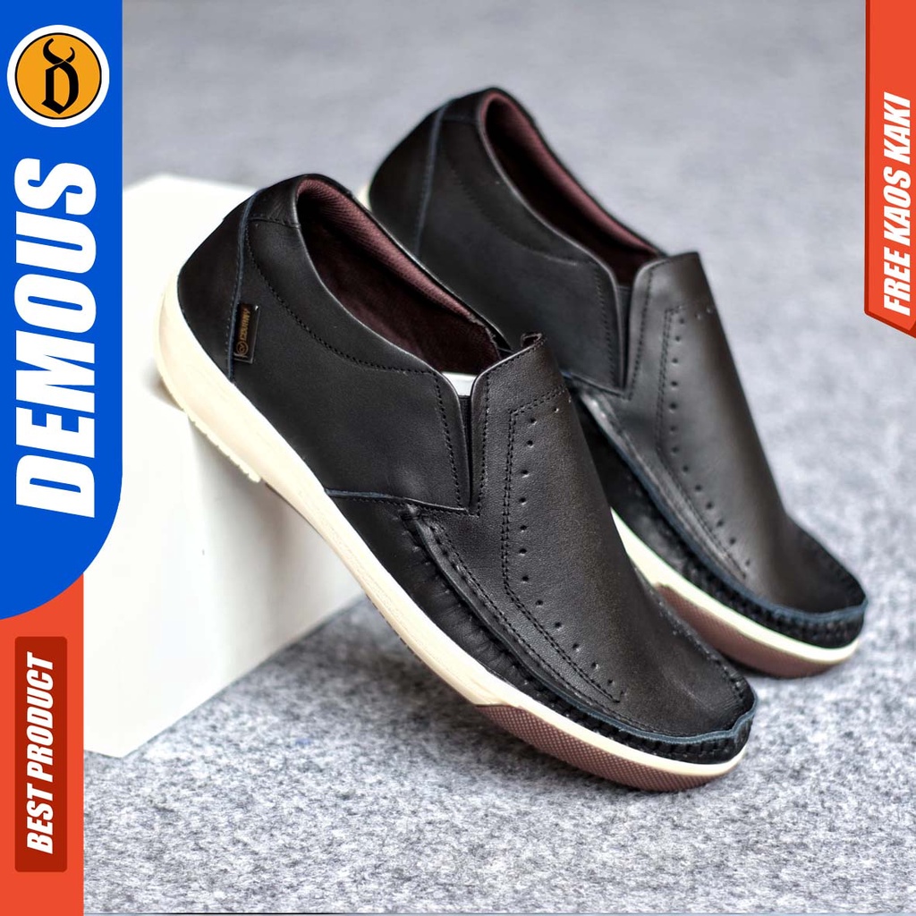 DEMOUS SANDRO Sepatu Casual Slip On Pria Kulit Asli Kerja Santai Murah Hitam