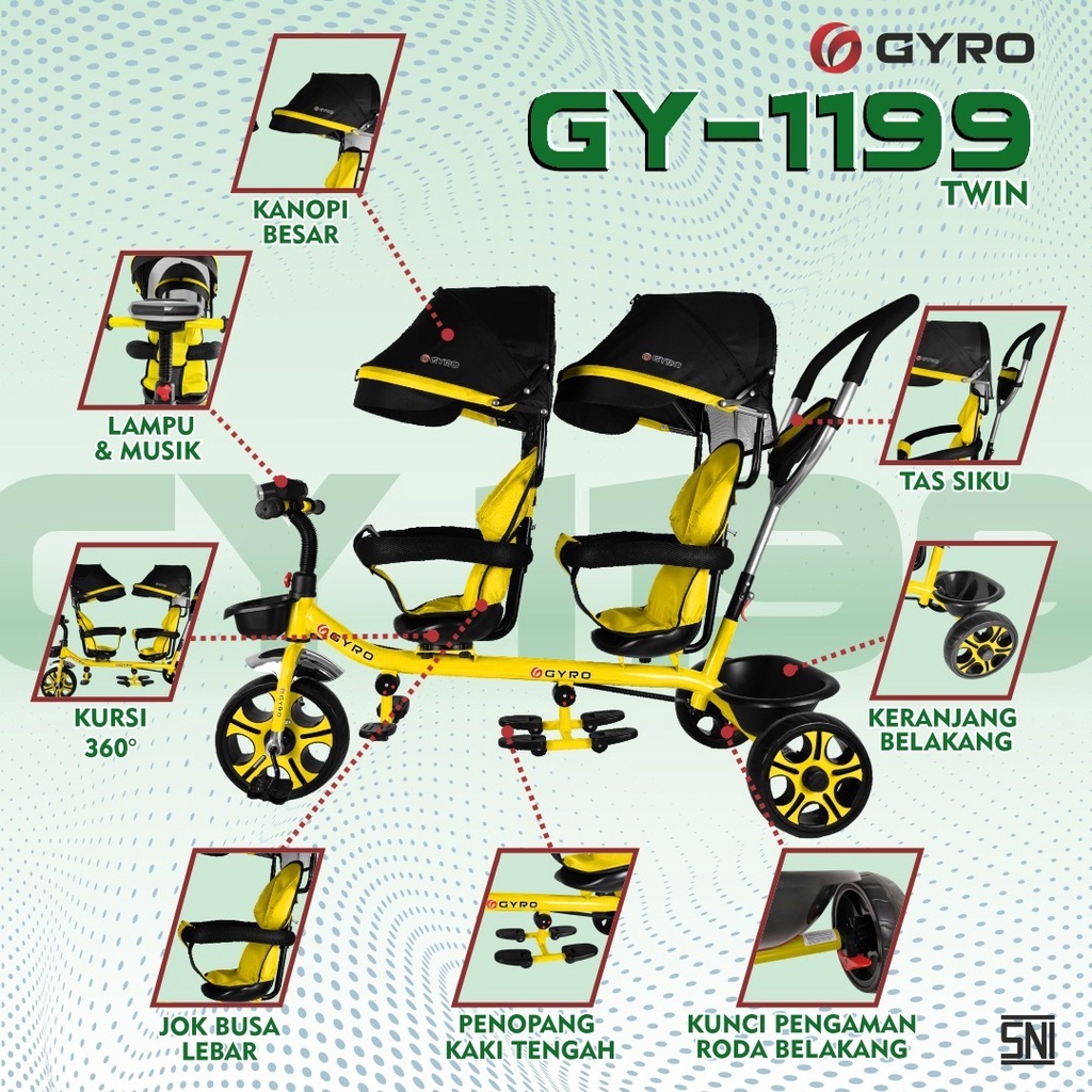 Sepeda Anak bayi balita Roda Tiga Stroler twins  Anak Twin GYRO GY1199 Kembar Dua Kursi SNI Garansi Termurah-1